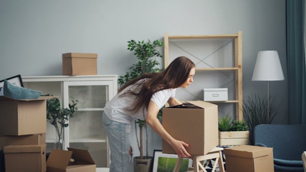 pexels-photo-23224976-23224976 A young woman with long hair arranging boxes in her new home. Ideal for moving and lifestyle stories.
